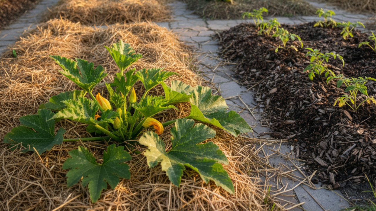 Mulchlaag op een groentebed