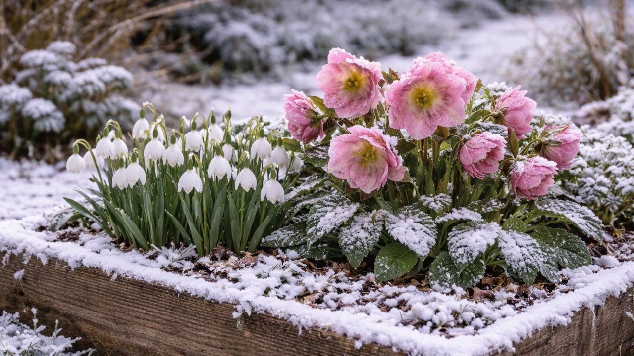 Wintermoestuin met bloemen tussen de bedden